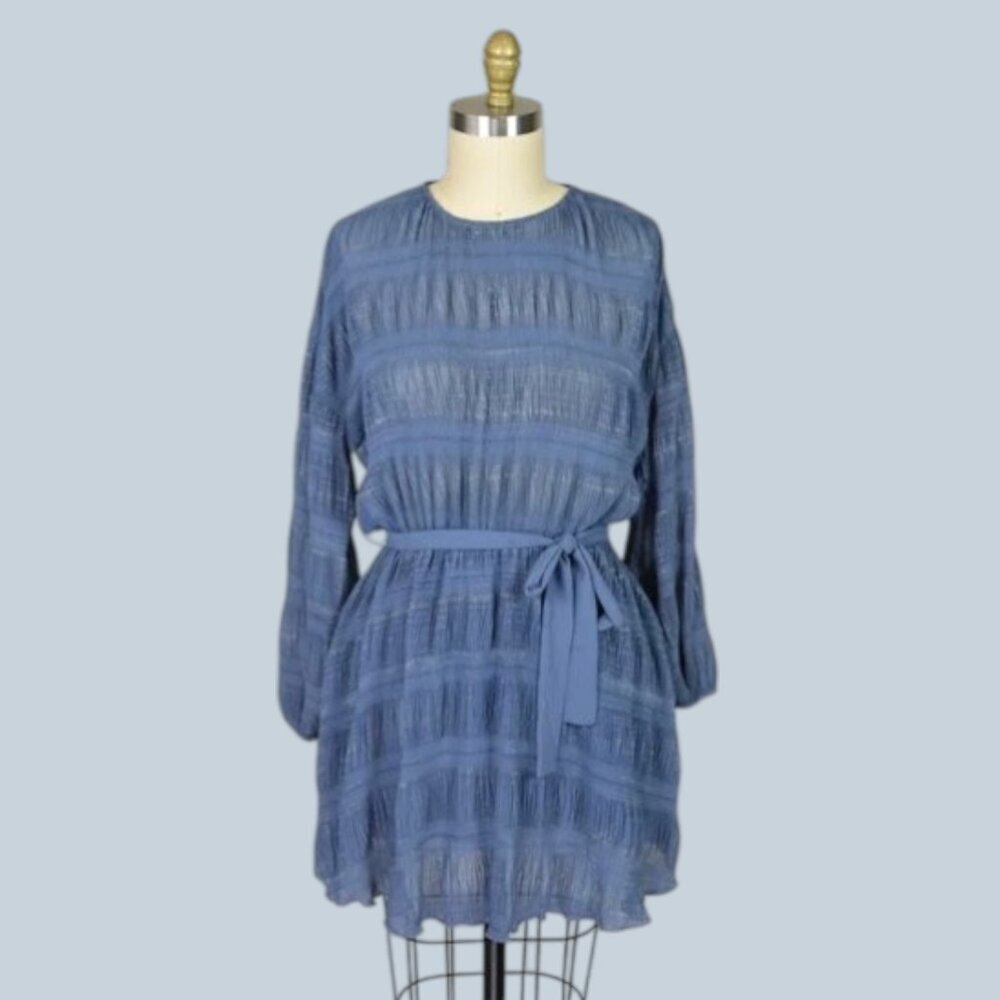 POOKIE & SEBASTIAN CRINKLE METALLIC STRIPE PERIWINKLE BLUE DRESS